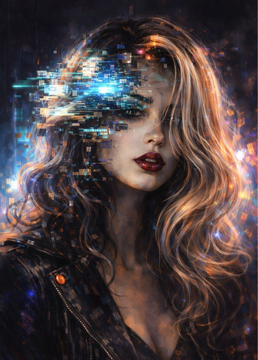 Portrait femme cyberpunk néon effet glitch lumineux moderne
