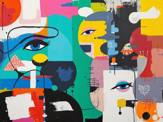 Tableau visage abstrait colore vue de face
