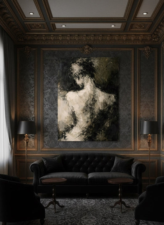 portrait mural minimaliste noir beige intérieur loft contemporain décoration murale haut de gamme
