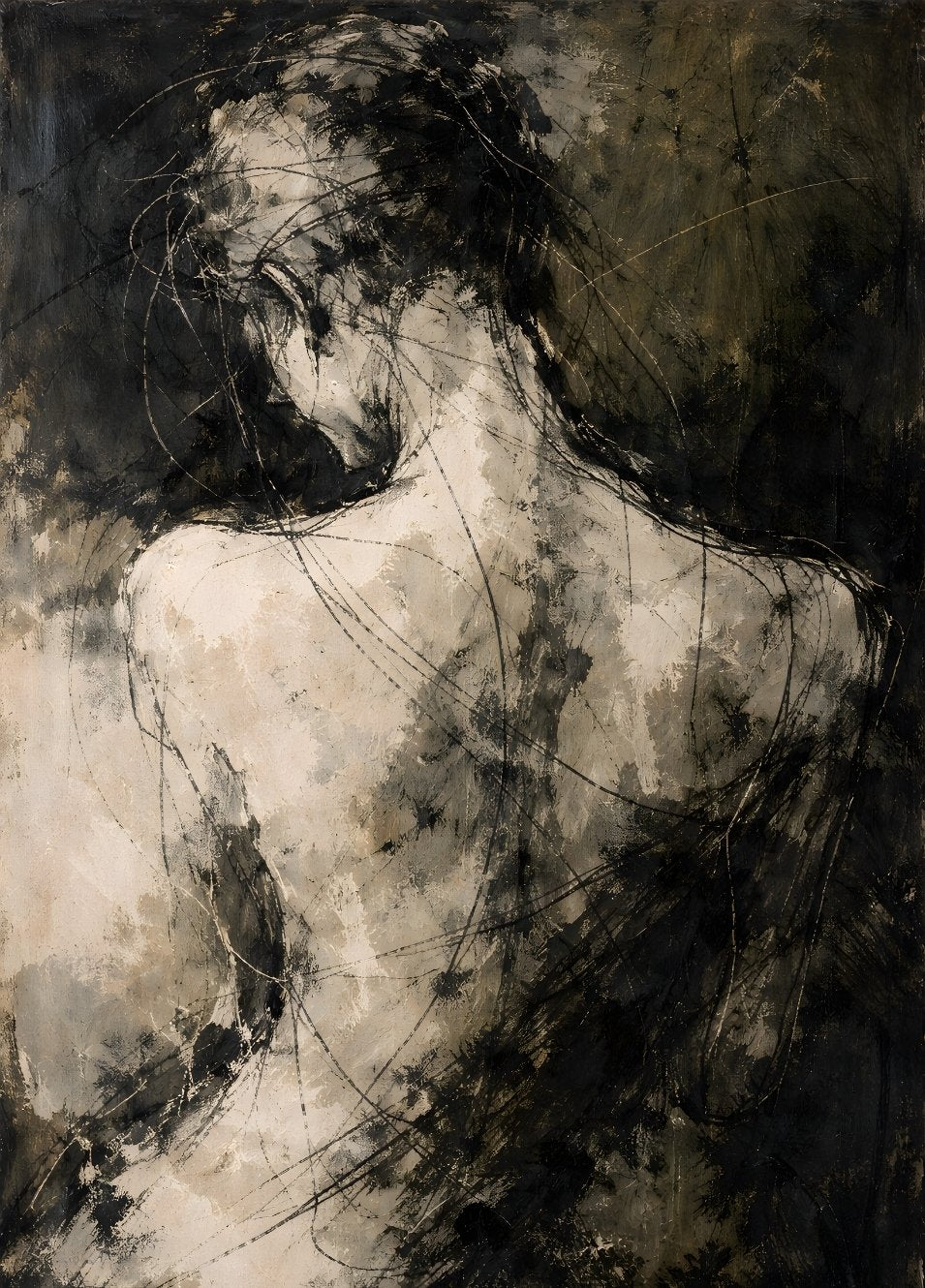 noir profond beige sable portrait féminin introspectif lignes gestuelles matière picturale abstraite contemporaine
