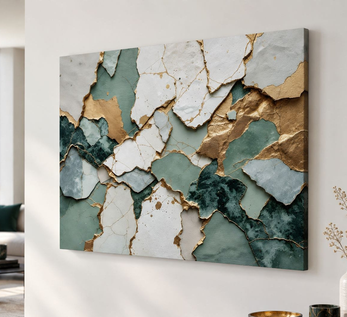 Impression sur toile Fragments Précieux aux nuances vert sauge et dorées
