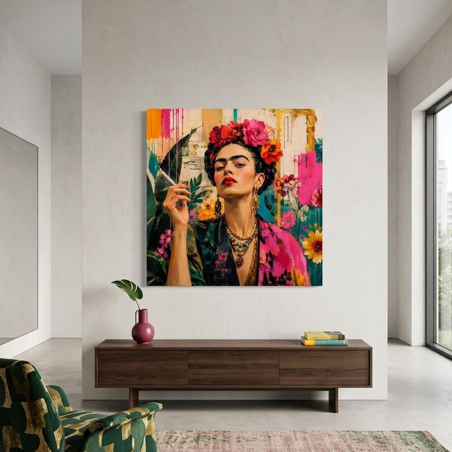 Portrait Frida Kahlo en pleine page avec fleurs, couleurs fuchsia, turquoise et orange dans un style pop art contemporain
