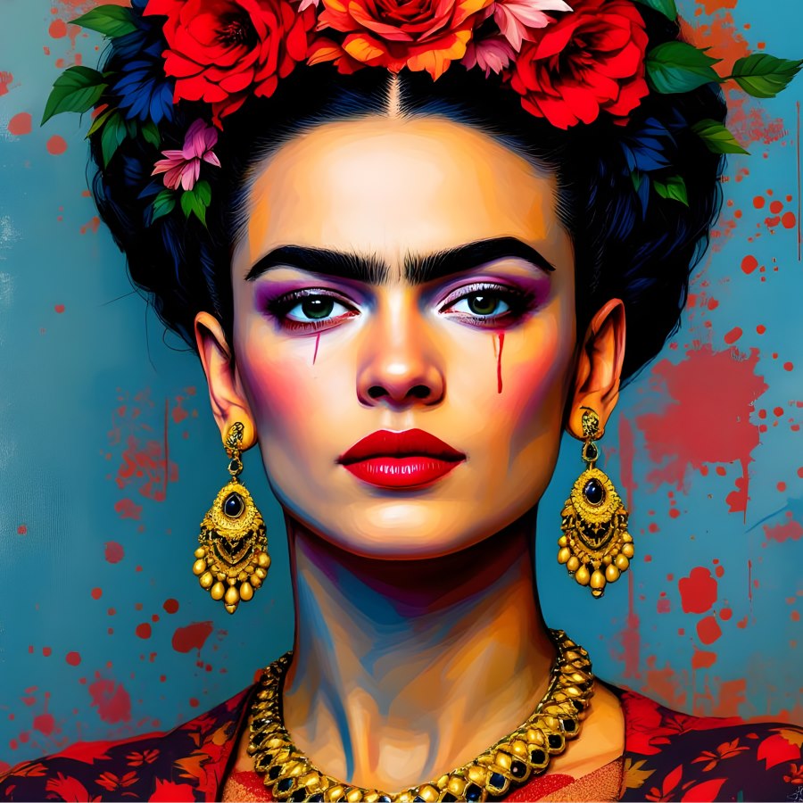 Portrait pleine page de Frida Kahlo au regard intense, couronne de fleurs rouges et bijoux dorés sur fond turquoise
