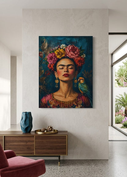 Tableau Frida Kahlo avec fleurs et perroquet présenté en situation dans un salon contemporain
