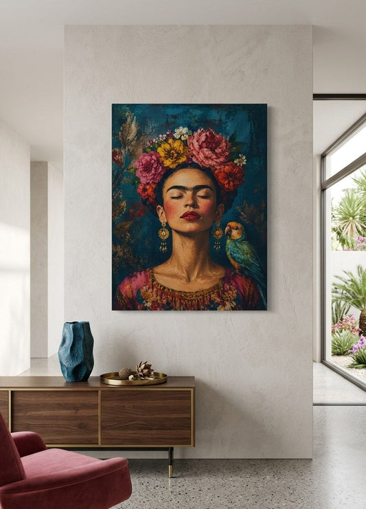 Tableau Frida Kahlo avec fleurs et perroquet présenté en situation dans un salon contemporain
