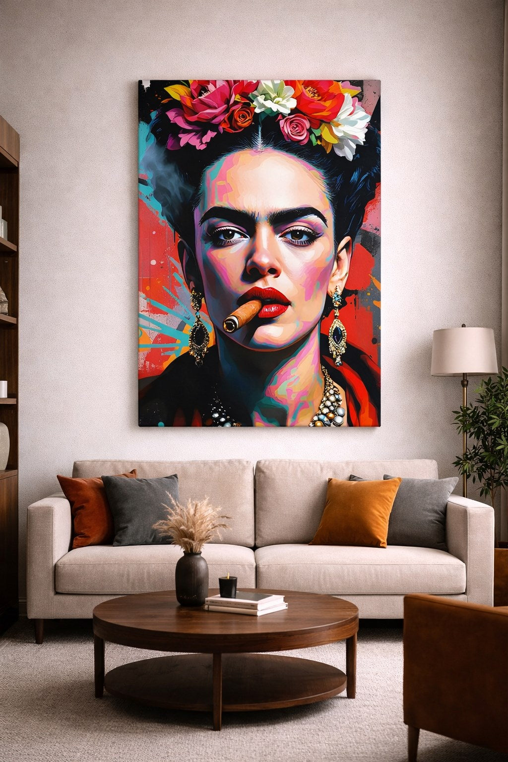 Tableau Frida Kahlo pop art accroché dans salon moderne décoration murale artistique
