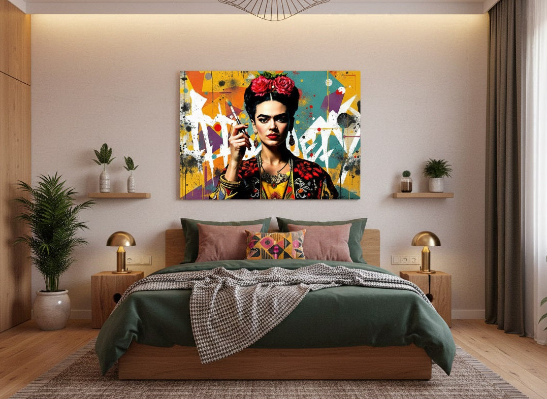 Portrait Frida Kahlo pop art en situation dans un interieur moderne
