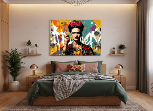 Portrait Frida Kahlo pop art en situation dans un interieur moderne

