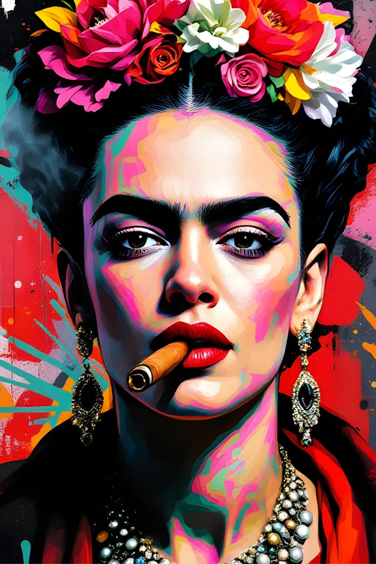 Tableau portrait Frida Kahlo style pop art couleurs vibrantes et couronne de fleurs
