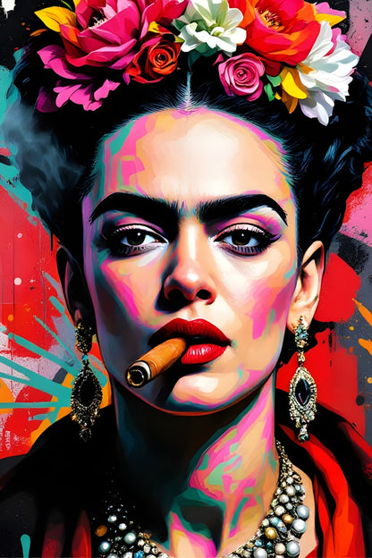 Tableau portrait Frida Kahlo style pop art couleurs vibrantes et couronne de fleurs
