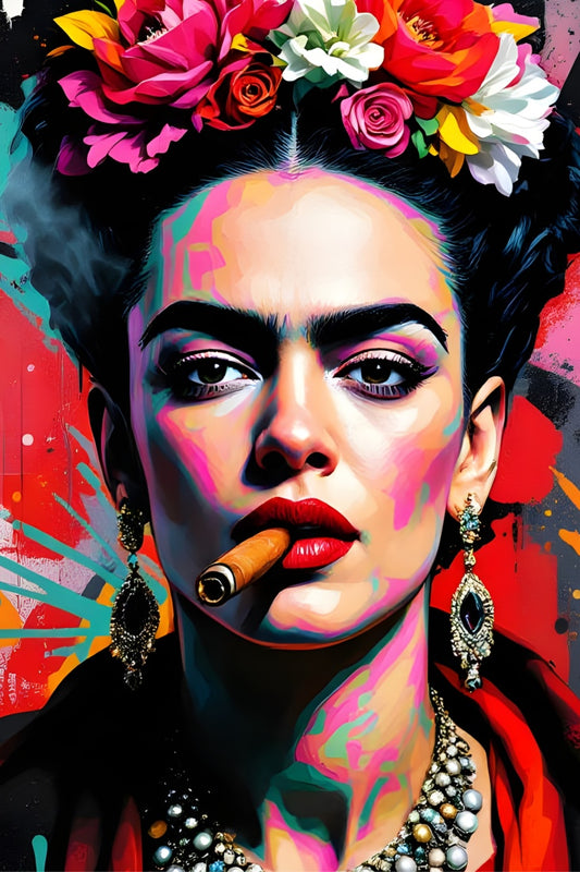 Tableau portrait Frida Kahlo style pop art couleurs vibrantes et couronne de fleurs
