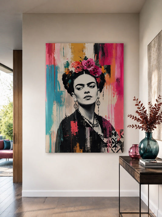 Portrait coloré de Frida Kahlo dans salon moderne