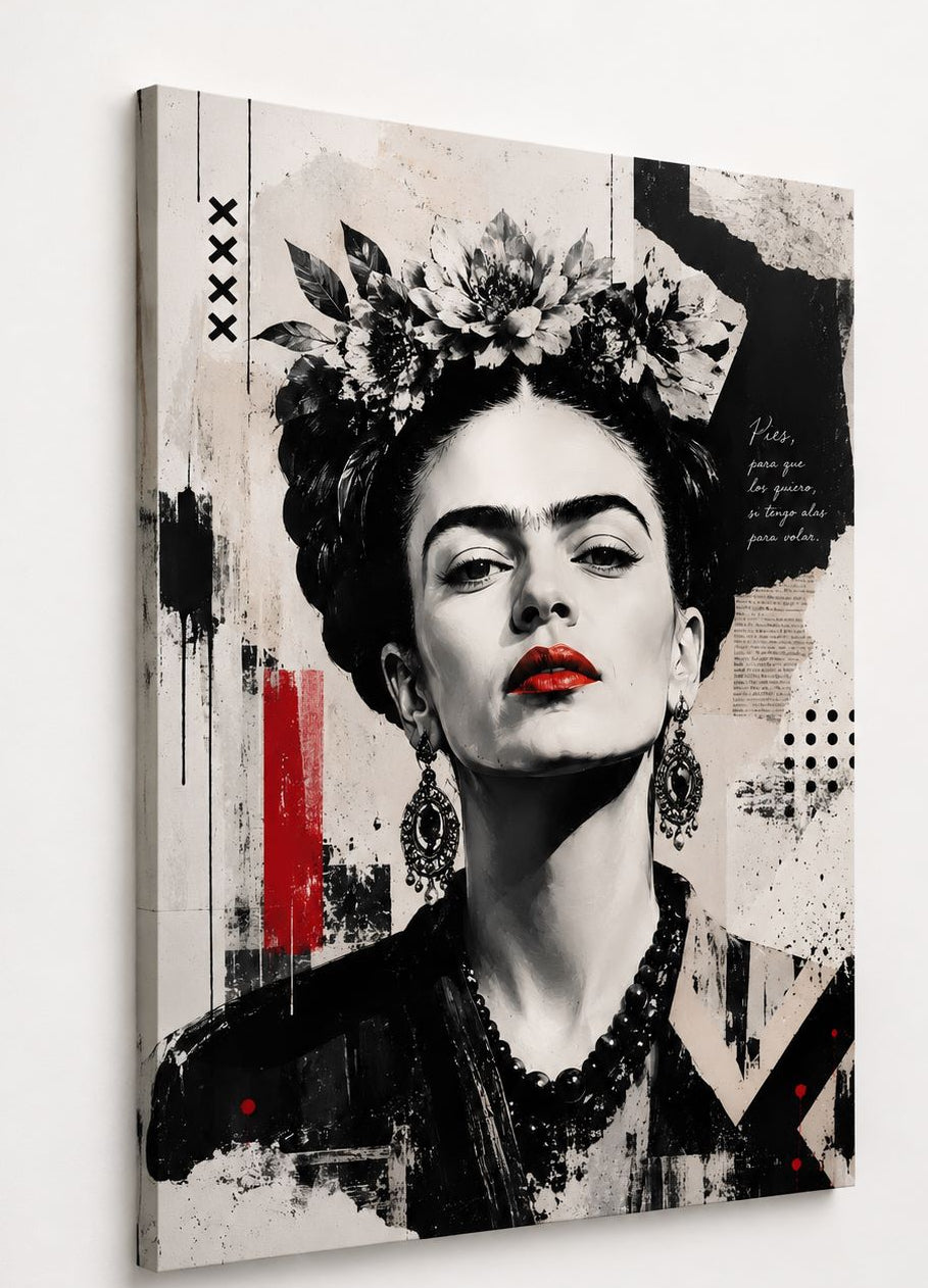 Tableau Frida Kahlo sur toile montée sur châssis, présenté légèrement de profil
