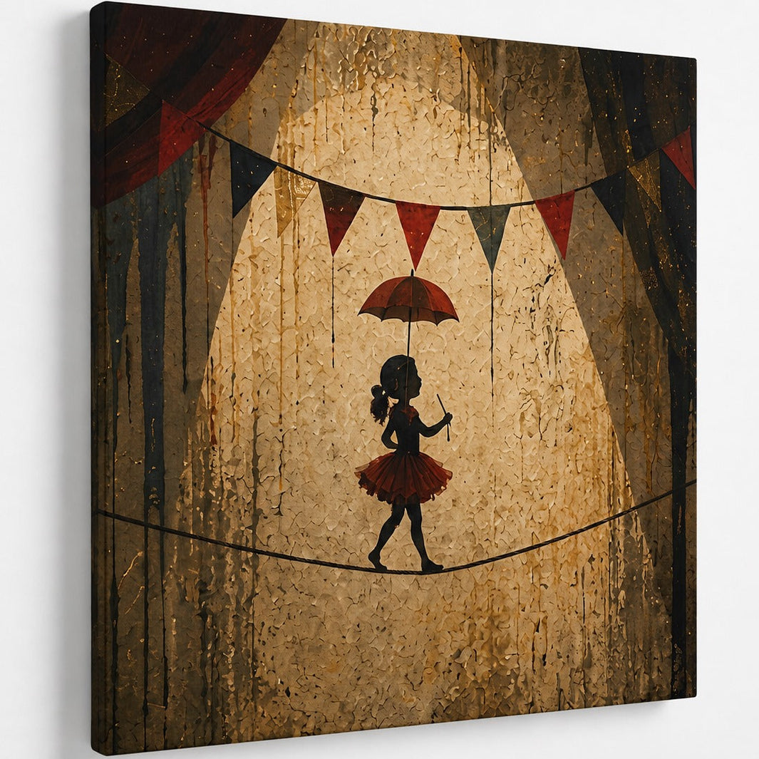 Illustration artistique d'une enfant funambule sous les projecteurs avec guirlandes de fanions, textures anciennes et décor de cirque raffiné pour une décoration murale pleine de douceur.
