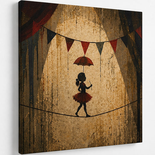 Illustration artistique d'une enfant funambule sous les projecteurs avec guirlandes de fanions, textures anciennes et décor de cirque raffiné pour une décoration murale pleine de douceur.
