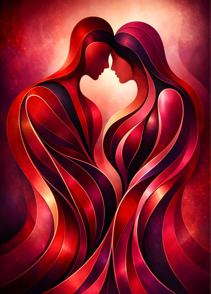 Tableau moderne amour rouge deux silhouettes féminines fusion abstraite
