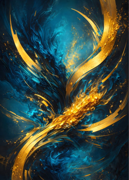 Tableau abstrait bleu profond et éclats dorés mouvement contemporain pour salon moderne
