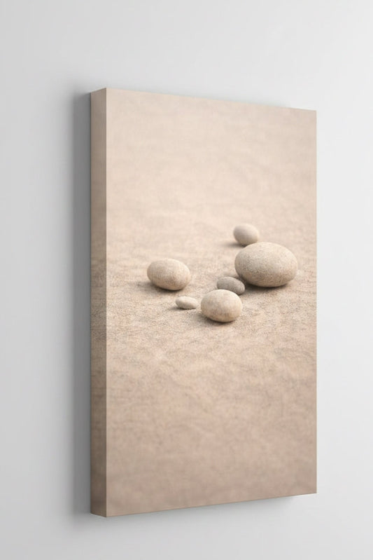 Vue de profil toile galets zen sur châssis impression haute qualité style minimaliste naturel contemporain
