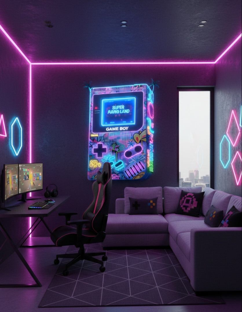 Tableau Game Boy néon en situation dans un intérieur contemporain
