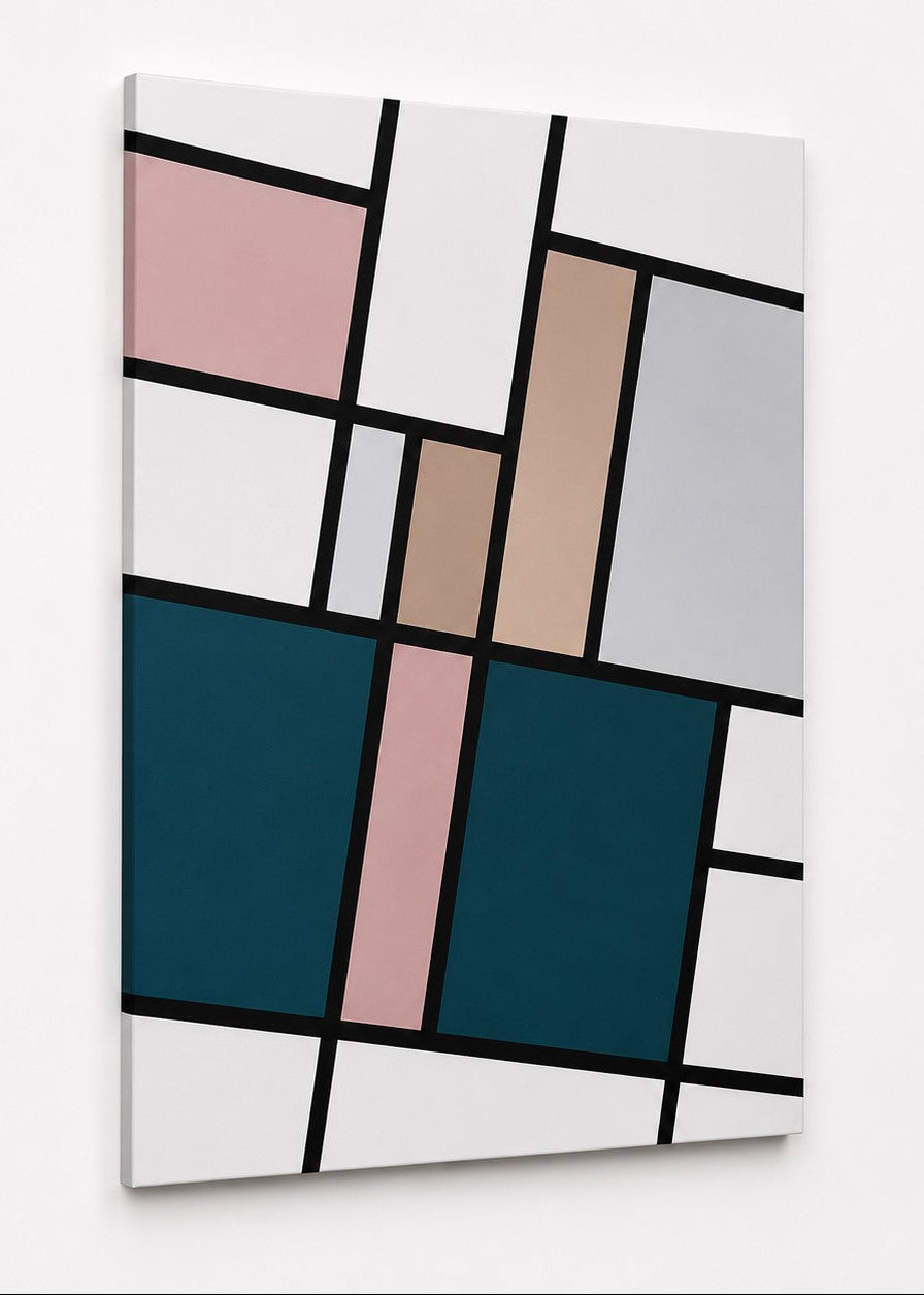 Vue latérale de l'œuvre géométrique révélant finesse des couleurs pastel et qualité d'impression
