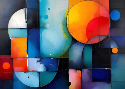 Tableau géométrique coloré avec cercles et formes modernes design graphique contemporain
