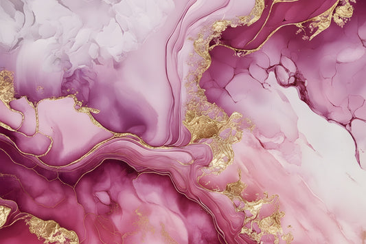 Tableau abstrait rose et dore vue de face
