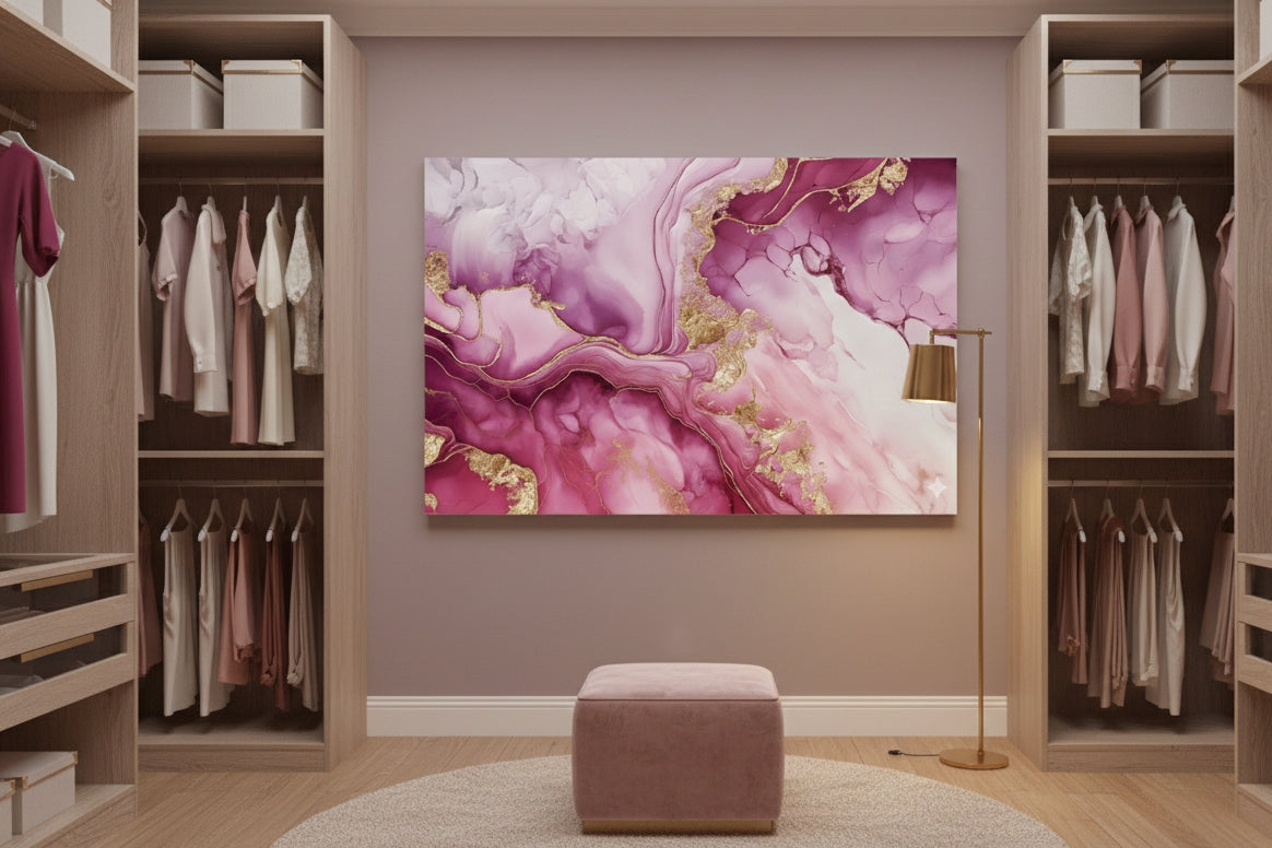 Tableau abstrait moderne rose en situation dans un interieur
