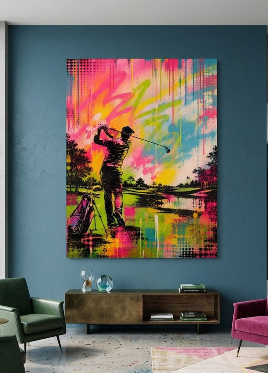 Tableau golf street art dans un intérieur contemporain, création exclusive Iconik-Art
