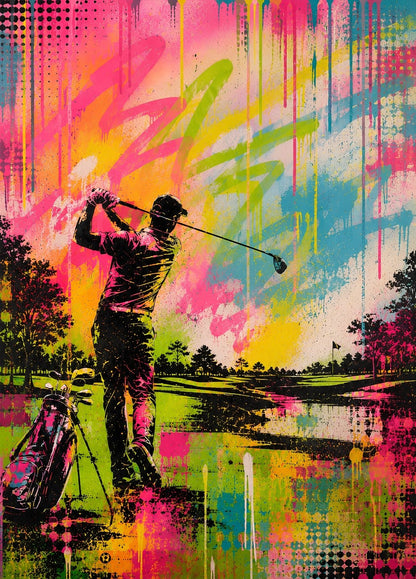 Tableau golf street art représentant un golfeur en plein swing sur un parcours coloré
