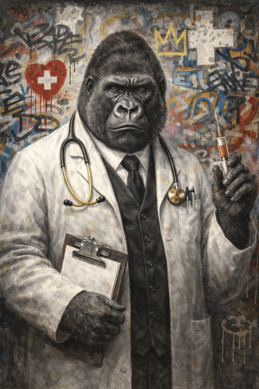 Gorille en blouse de médecin, portrait animal street art au style urbain
