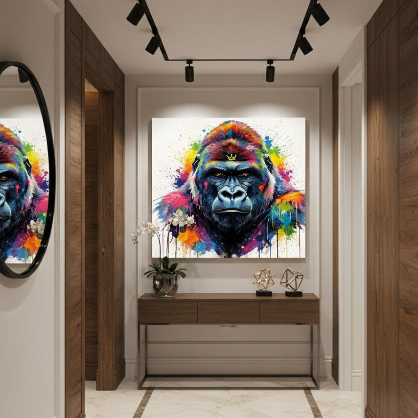 Tableau gorille pop art accroché dans salon contemporain, art mural animalier revisité ambiance urbaine design
