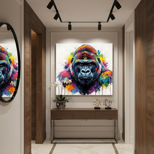 Tableau gorille pop art accroché dans salon contemporain, art mural animalier revisité ambiance urbaine design
