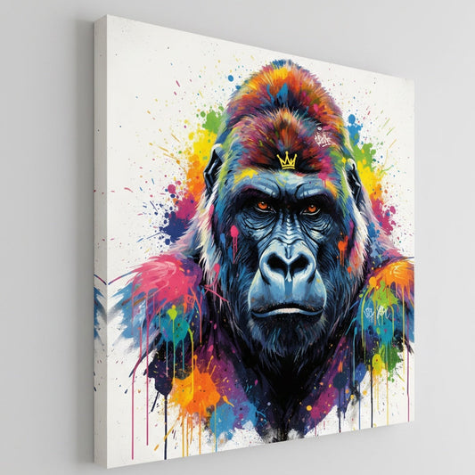 Vue de profil toile gorille pop art sur châssis, impression haute qualité couleurs vibrantes et contrastes puissants
