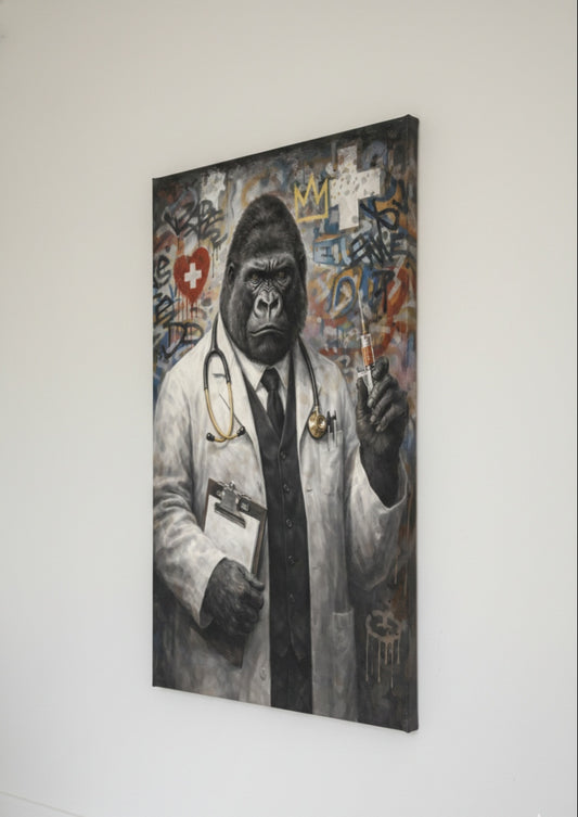 Portrait de gorille style street art avec graffiti et symboles urbains
