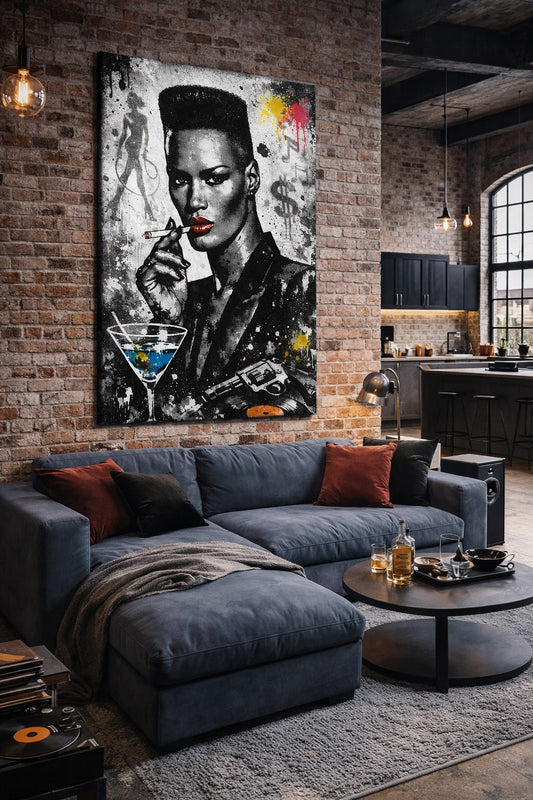Portrait Grace Jones pop art en situation dans un interieur moderne
