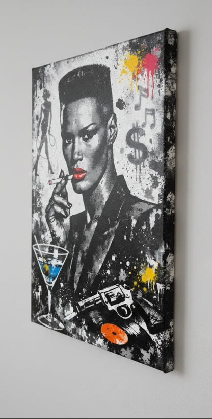 Toile portrait Grace Jones vue de profil sur chassis entoile
