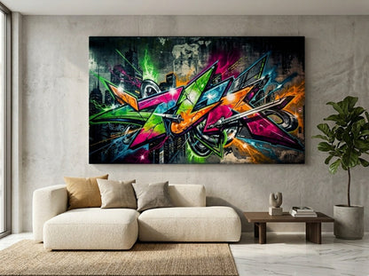 Tableau street art accroché dans un salon loft industriel ambiance urbaine design
