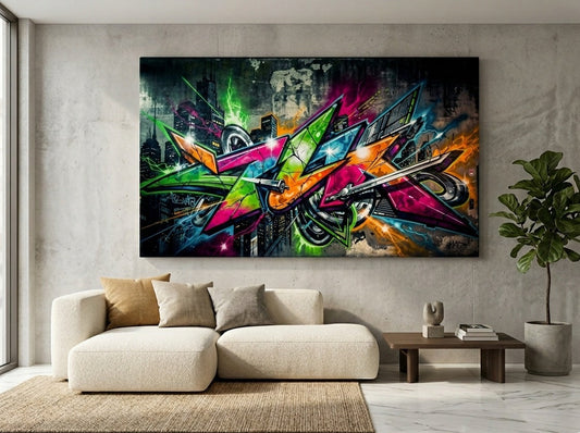 Tableau street art accroché dans un salon loft industriel ambiance urbaine design
