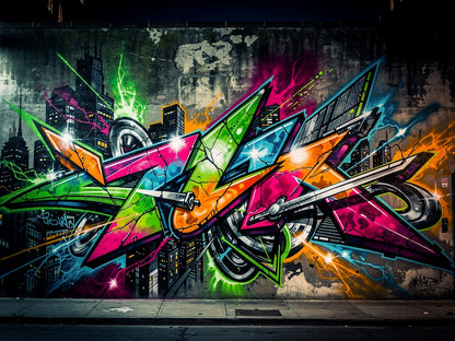 Tableau street art graffiti urbain coloré style mural contemporain grande ville
