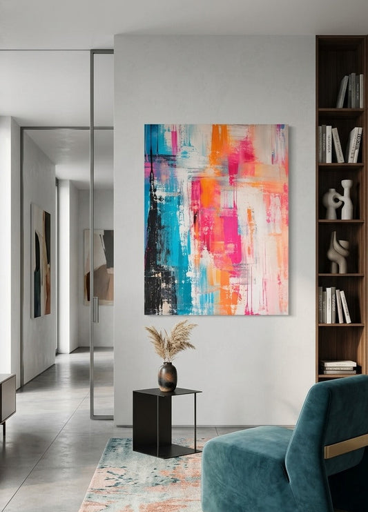 Grand tableau coloré contemporain vertical avec superpositions de peinture et coulures graphiques
