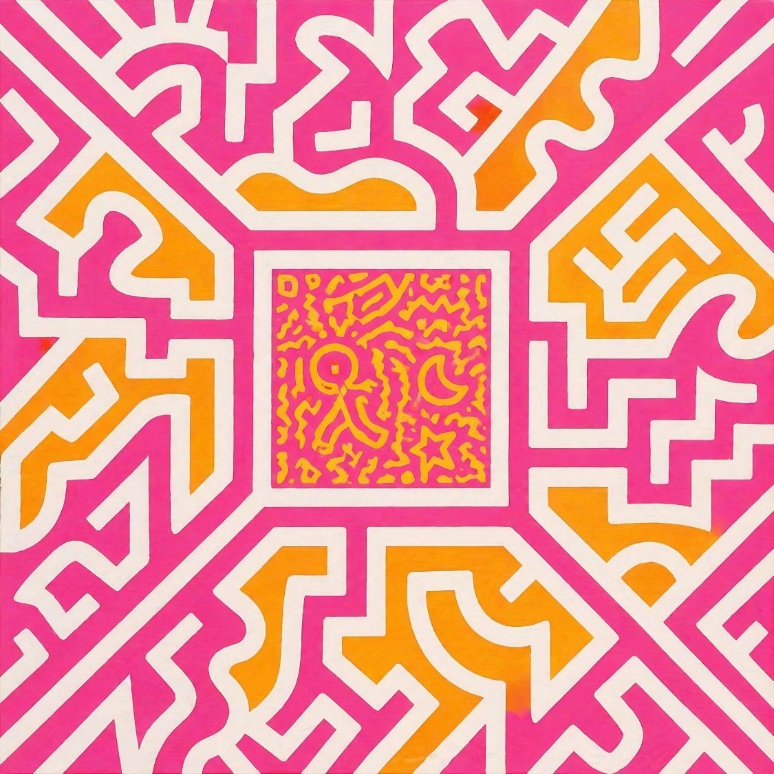 Tableau pop art graphique rose et jaune aux motifs géométriques contemporains et couleurs vives pour décoration murale moderne
