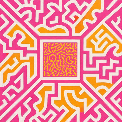 Tableau pop art graphique rose et jaune aux motifs géométriques contemporains et couleurs vives pour décoration murale moderne
