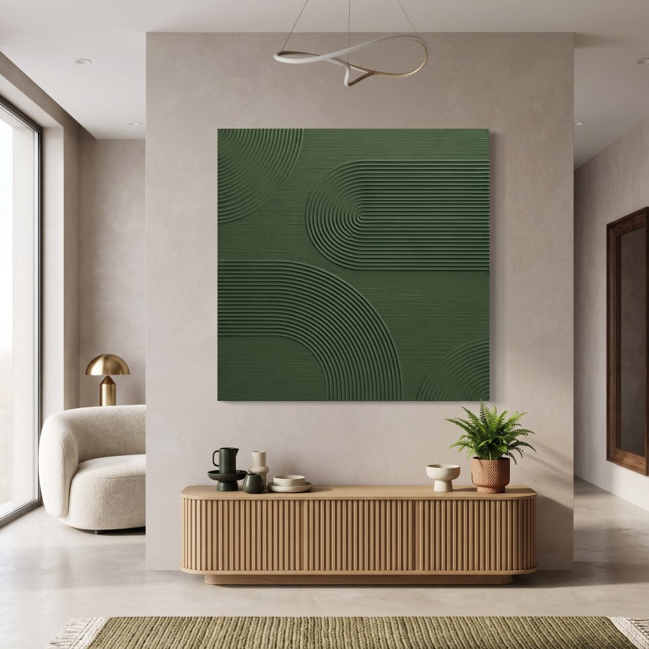 Tableau Green Flow imprimé sur toile avec composition verte texturée et lignes en relief
