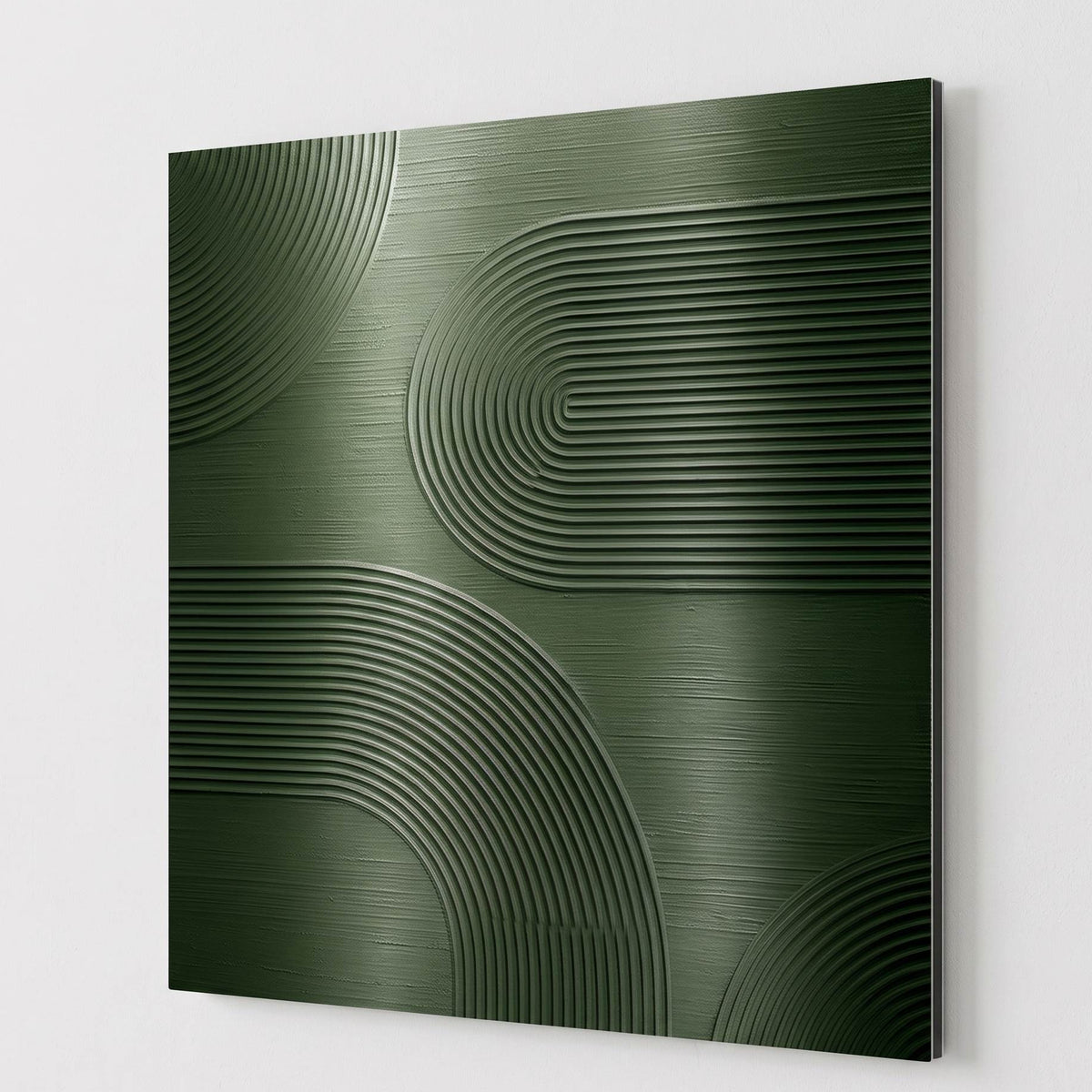 Tableau Green Flow sur aluminium avec composition monochrome verte aux lignes graphiques
