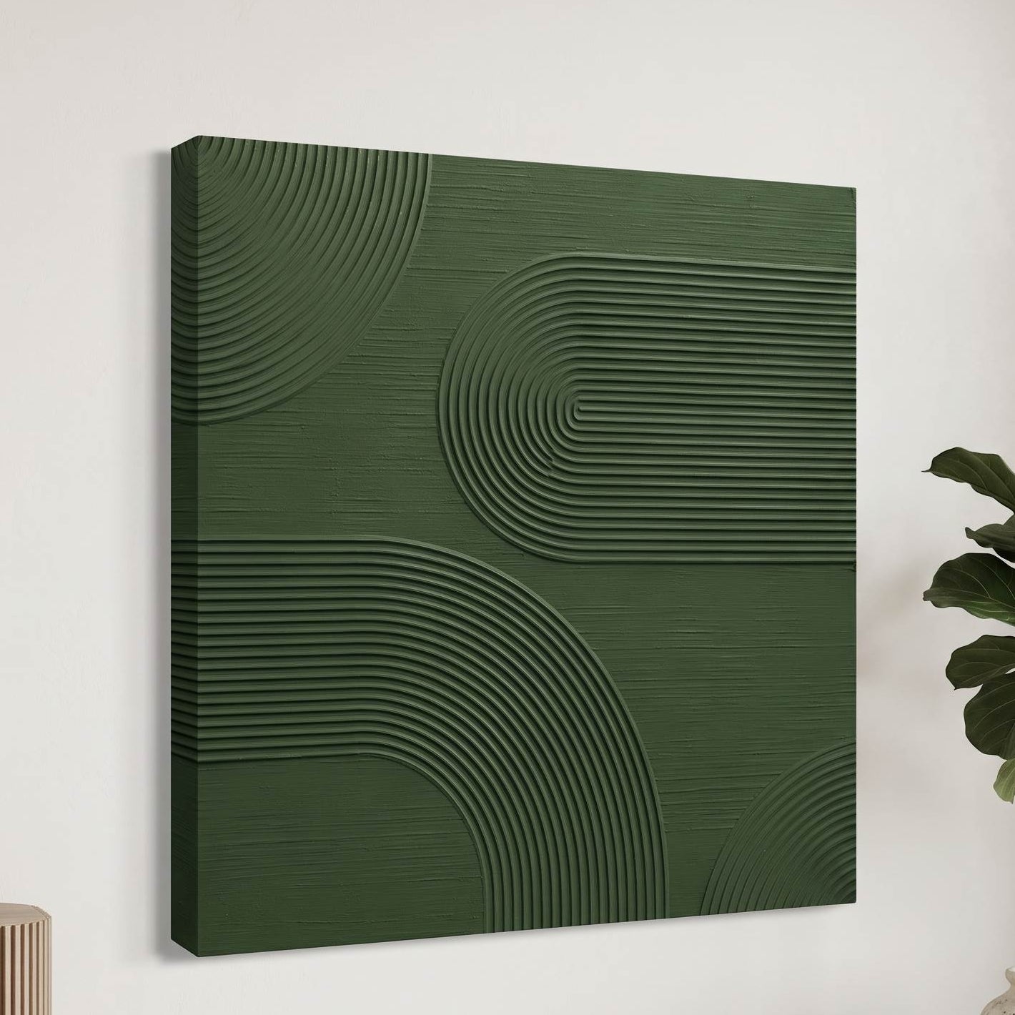 Tableau abstrait Green Flow vert profond composé de lignes parallèles et de grandes courbes graphiques
