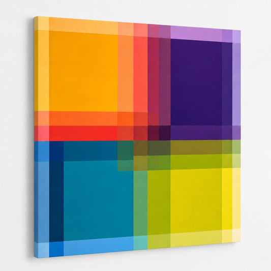 Composition abstraite graphique multicolore avec structure en grille et esthétique minimaliste
