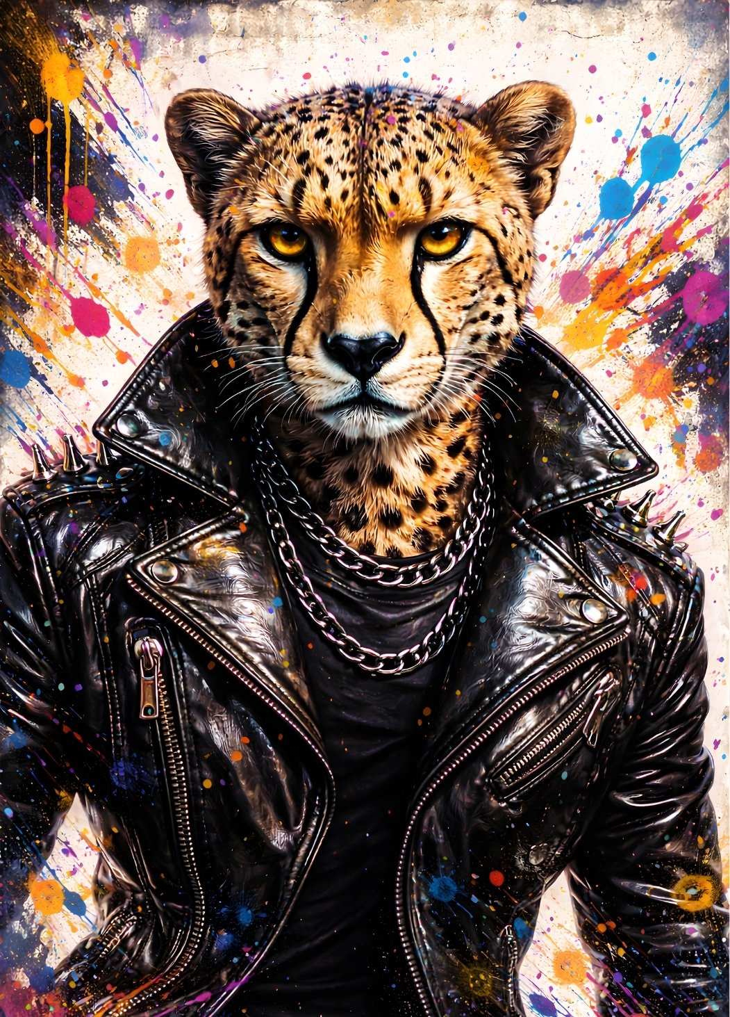 Portrait guépard veste cuir style urbain pop art pour décoration murale moderne loft industriel
