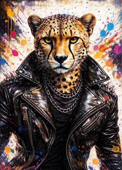 Portrait guépard veste cuir style urbain pop art pour décoration murale moderne loft industriel
