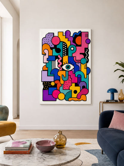 Tableau coloré moderne Happy Shapes présenté accroché au mur dans un salon contemporain
