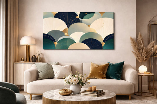 Tableau abstrait art déco en situation dans un intérieur contemporain
